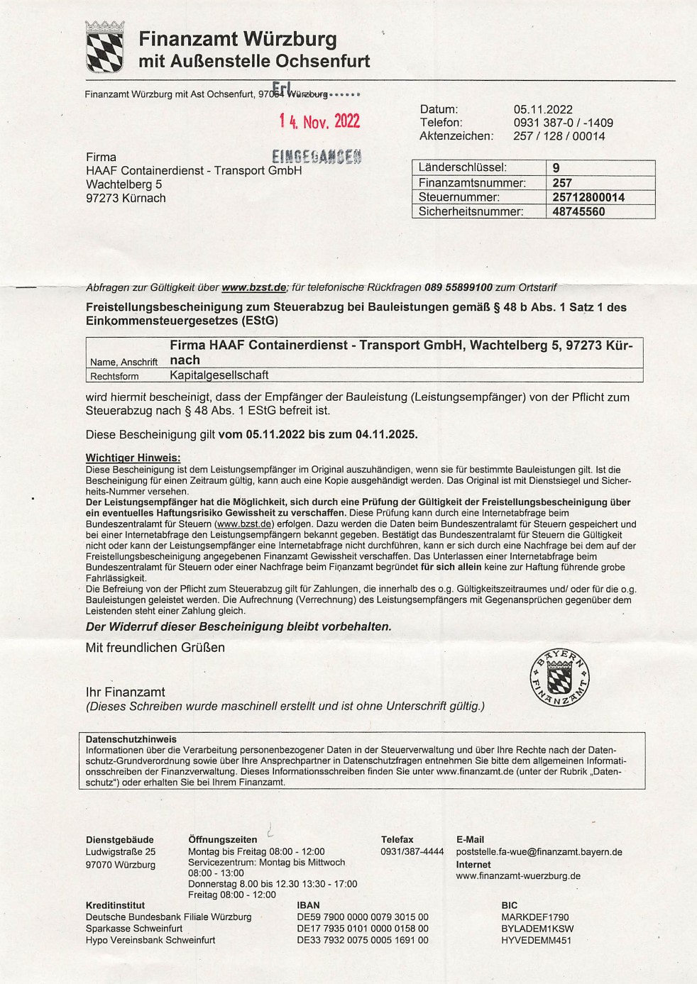 Freistellungsbescheinigung 2022bis2025