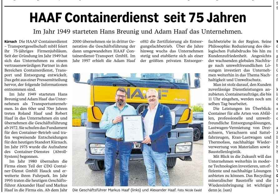 Presseartikel in der MAINPOST zum Thema „HAAF Containerdienst seit 75 Jahren“ 02.07.2024